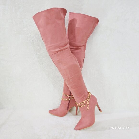 Mata Shoes Shoes - Bad Girlz Dusty Rose Blush Pink Faux Suede Wide Top Thigh High Boots Chain